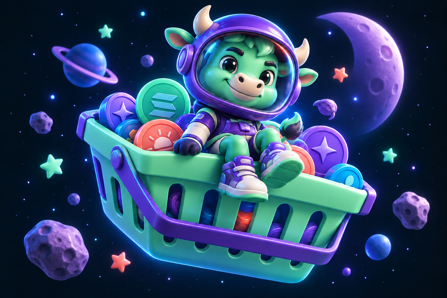 Astronaut bull riding a basket of tokens